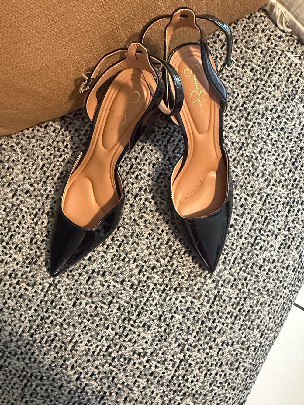 Jessica Simpson Black Patent Pointed Toe Ankle Strap Heels